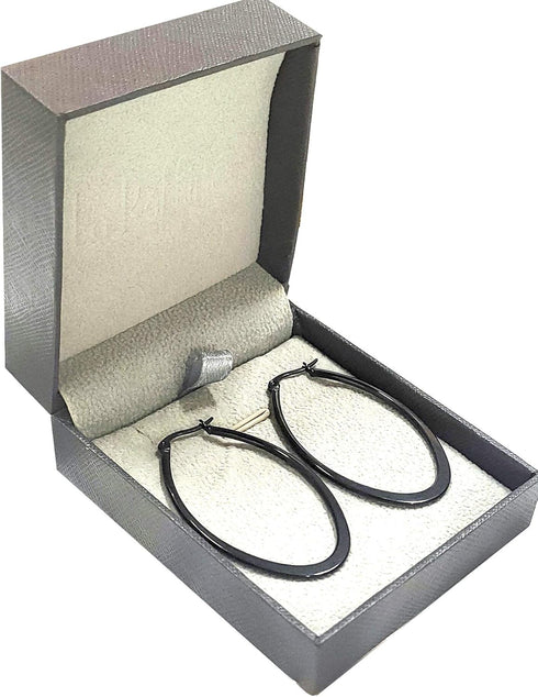 Stainless Steel Gold Thin and Flat Big Large Oval Spring loaded Hoop Earrings-black...