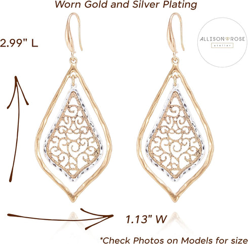 – Boho Filigree Two-Tone Dangle Earrings - Exquisite Handcrafted Jewelry for Boho Chic Style - Large Two Tone Worn Gold and Silver Plated Earring ...