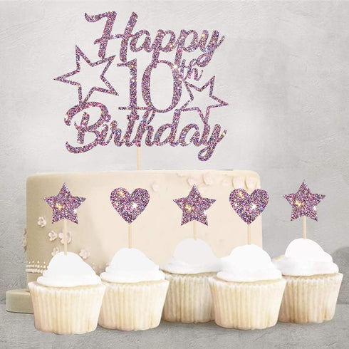 Purple Glitter Happy 10th Birthday Cake Topper with Cupcake Toppers - 10th Birthday Cupcake Decoration, 10th Birthday Cake Decor for Boys or Girls...