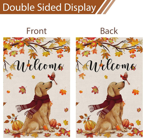 Welcome Fall Garden Flag 12 x 18 Inch Double Sided Burlap, Golden Retriever Dog Cardinal Yard Flags for Seasonal Thanksgiving Farmhouse Decoration...