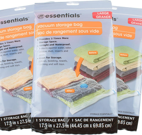 3 NEW ESSENTIALS Large VACUUM STORAGE BAG SPACE SAVER 17.5 in x 27.5 in...