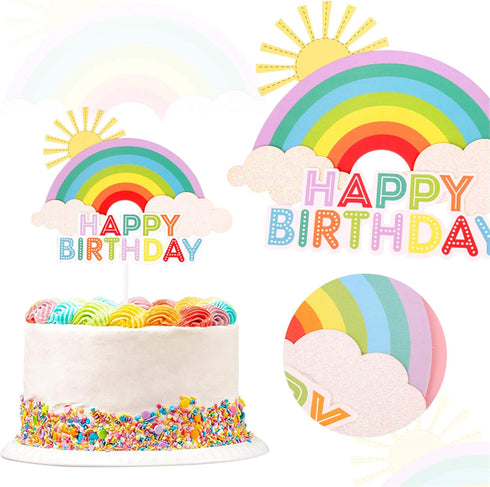 1Pc Colorful Rainbow Cake Topper/Cake Flags/Cake Picks - Include Cute Cloud/Sun Kids Child Happy Birthday Baby Shower Party Baking Decoration Supp...