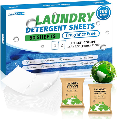 FIXSMITH Laundry Detergent Sheets - 100 Loads (50 Sheets) Fragrance Free - Hypoallergenic,Unscented,Eco Friendly Laundry Detergent Strips Concentr...