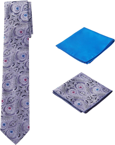 Men's Woven Paisley Regular Length Neck Tie with 2 Handkerchief Pocket Squares Hanky Set - Grey Blue...