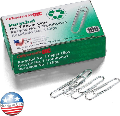Officemate Recycled No. 1 Paper Clips, Pack of 10 Boxes of 100 Clips Each (99961)...