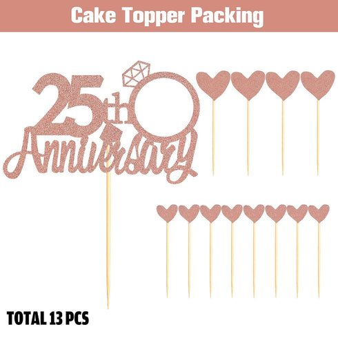 Sumerk 25th Anniversary Cake Topper,13PCS Rose Gold Glitter Cake Toppers Cake Decorations Set for 25th Wedding Anniversary Celebration Party...