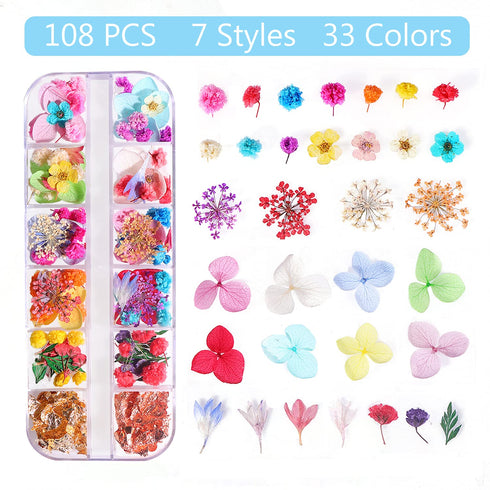 Dried Flowers & Foil Nail Art Kit - 108PCS, 33 Colors, 2 Color Foil, Accessories for Resin Molds...