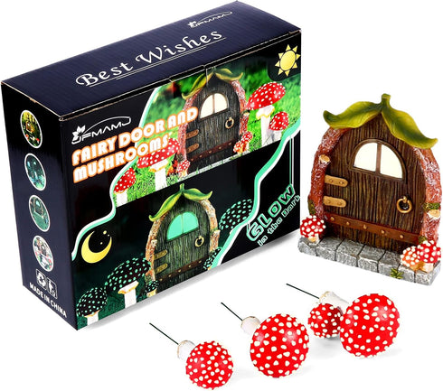 Fairy Door and Mushrooms for Garden, Glow in The Dark Fairy Garden Decor Accessories, Fairy Wild Garden Accessories Resin Miniature Garden Accesso...