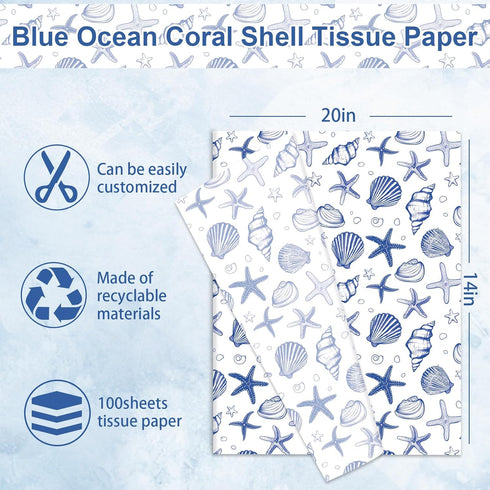 JarThenaAMCS 100 Sheets Ocean Tissue Paper Blue Sea Shell Starfish Gift Wrapping Paper Coastal Beach DIY Art Craft Tissue for Wedding Birthday Sum...