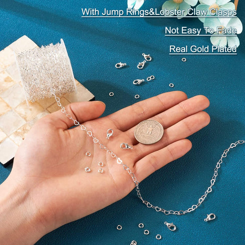 Pandahall 15.7-16.4 Feet Silver Heart Link Chains 5x3.5x0.4mm Soldered Brass Love Heart Cable Chains Spool with 20Pcs Lobster Claw Clasps 30Pcs Ju...