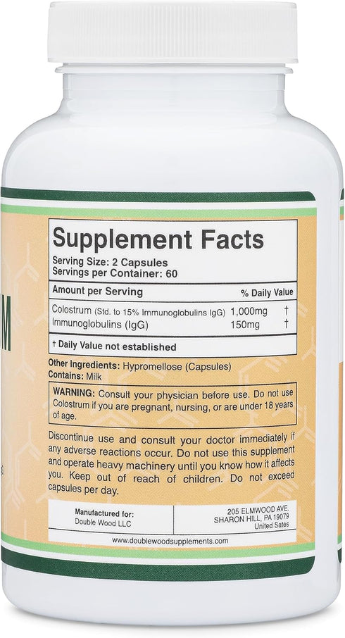 Colostrum Supplement 120 Capsules, 1,000mg per Serving (Bovine Colostrum Powder from First Milking Only, Std. to Contain 15% IgG Immunoglobulins) ...