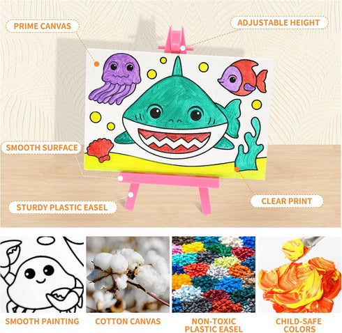 VKPI Pre-Drawn Canvas Painting Set with Mini Easel for Kids, Watercolor Art Supplies Kit with 3 Printed Canvases, 3 Plastic Easels, Paint Pots and...