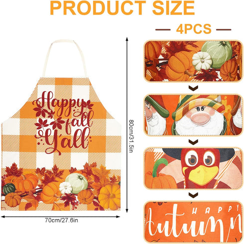 Whaline 4Pcs Fall Thanksgiving Aprons 4 Design Autumn Waterproof Chef Cooking Aprons Gnome Pumpkins Turkey Adjustable Aprons Fall Kitchen Collecti...