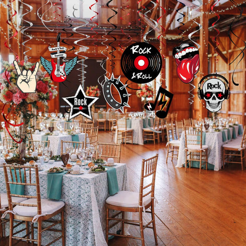 Blulu 30 Pcs Rock and Roll Theme Music Party Foil Swirl Decorations Retro Hanging Swirls Ceiling Decorations for 50s 60s Disco Party Event Supplie...