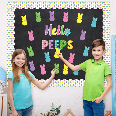108Pcs Easter Hello Peeps Cutouts Bulletin Board Set Easter Bunny Peeps Paper Cut-Outs Easter Day Bunnies Trim Border Bulletin Board for School Cl...