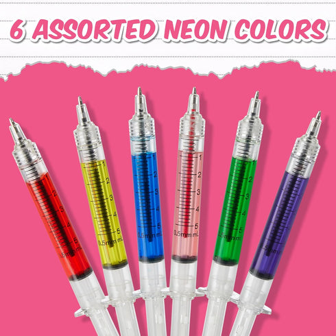 Syringe Pens - 12 Pack - Retractable Ballpoint Pens with 6 Colors - Perfect for School, Parties, Nurse Gifts and Medical-Themed Presents...