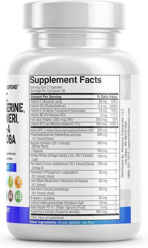 Clean Nutraceuticals Alpha GPC Choline 300mg Phosphatidylserine 3000mg Bacopa Monnieri 6000mg Ginkgo Biloba 2000mg Huperzine A 400mcg Supplement w...