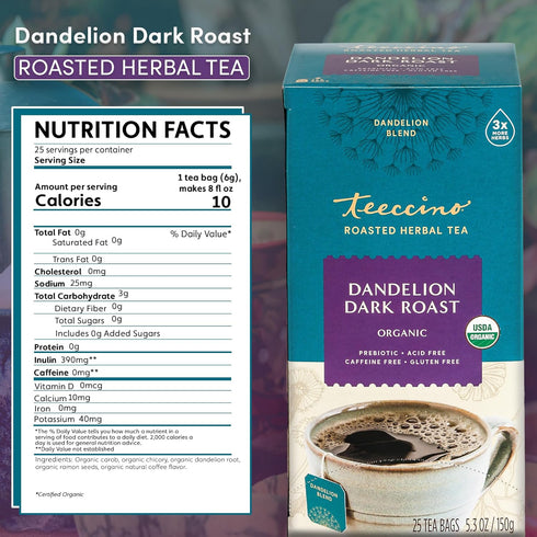 Teeccino Dandelion Herbal Tea - Dark Roast - 25 Tea Bags - Caffeine Free, Prebiotic, Gluten Free, 3x More Herbs...
