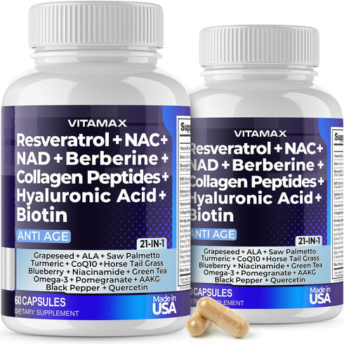Vitamax Resveratrol NAD+ Berberine Hyaluronic Acid - Biotin Grape & Blueberry + NAC - Collagen Peptides - Hair, Nail, Skin & Joint Supplement - 21...