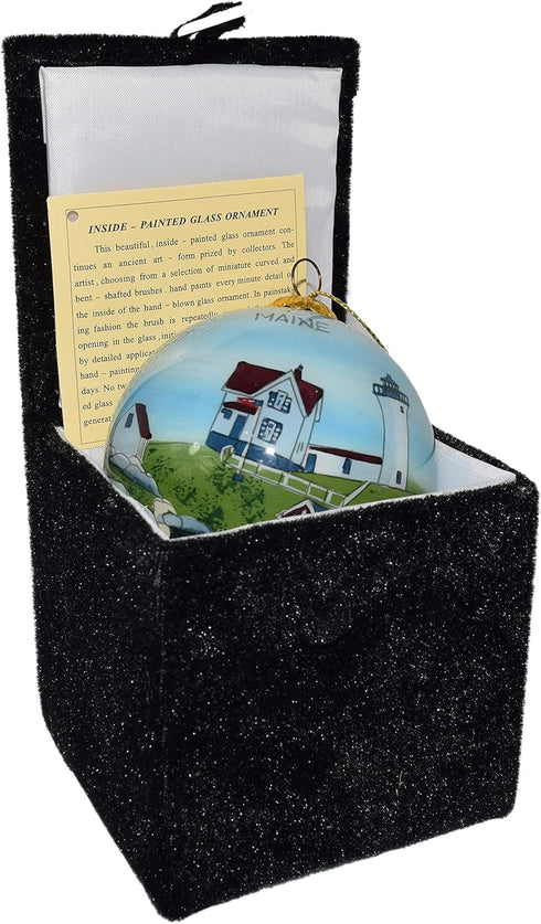 Blown Glass Christmas Ornament | Nubble Lighthouse Maine | Hand Painted Inside | Original Art | Includes Gift Box...
