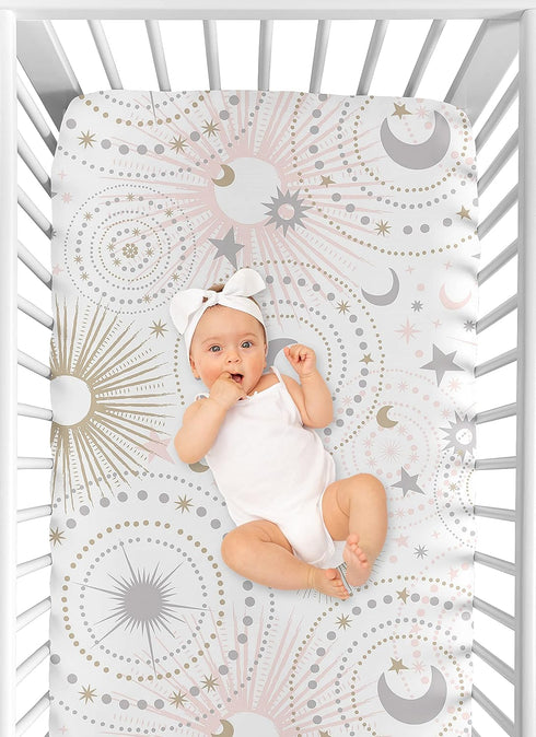 Sweet Jojo Designs Star and Moon Girl Baby Fitted Crib Sheet for Infant Newborn Nursery Toddler Bed Room Standard Mattress - Blush Pink Gold and G...