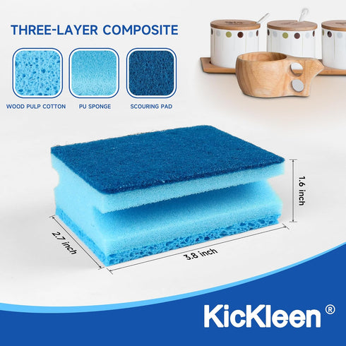 12 Count Compressed Grip Non-Scratch Cell-Scourers Sponges, 3-Layer Thick Kitchen Cleaning Sponge, Multifunctional Brush Pot Dishwashing Sponges, ...