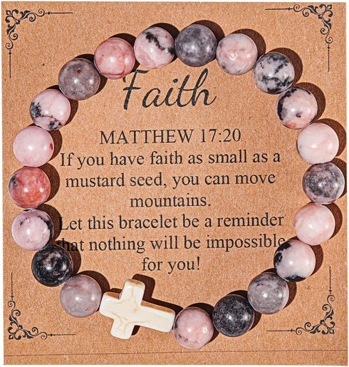COLORFUL BLING Natural Healing Stone Cross Beaded Strand Adjustable Dangling Bracelet With Meaningful Card Inspirational Religious Faith God for W...