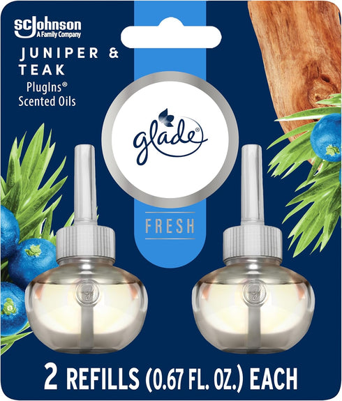 Glade PlugIns Refills Air Freshener, Scented and Essential Oils for Home and Bathroom, Juniper & Teak, Fresh Collection 1.34 Fl Oz, 2 Count...