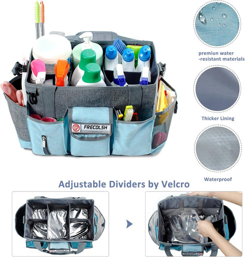 Grey-Blue Cleaning Caddy, Oxford Polyester, Adjustable 5 Compartments, Padded Carry Handle, Waterproof Interior, Ideal for Housekeeping and Cleani...