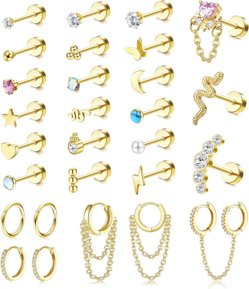 LOYALLOOK 28Pcs 14K Gold Plated Cartilage Stud Earrings and Hoops Set Stainless Steel Conch Helix Tragus Flatback Stud Earrings Dangle Chain Huggi...