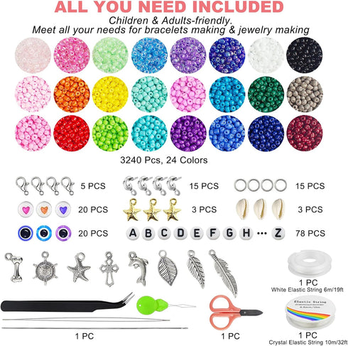 Redtwo 3400pcs 4mm Glass Seed Beads for Jewelry Bracelet Making Kit, Small Beads Friendship Bracelet Kit, Tiny Waist Beads Kit with Letter Beads a...