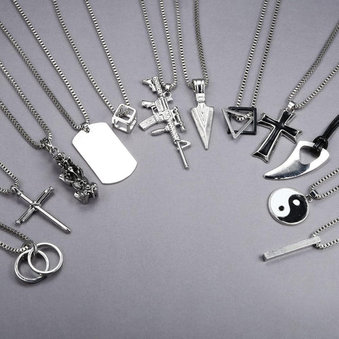 FIASASO 12Pcs Stainless Steel Pendant Necklace for Men Cool Goth Necklace Funky Gothic Cross Dog Tag Yin Yang Triangle Pendant Chain Necklace Set ...