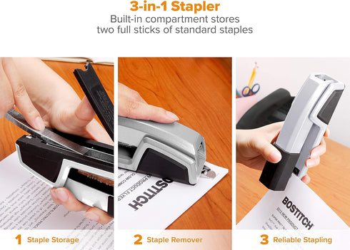 Bostitch Office Epic All Metal 3 in 1 Stapler, 25 Sheet Capacity, with Integrated Remover & Staple Storage, Silver (B777R-SLV)...