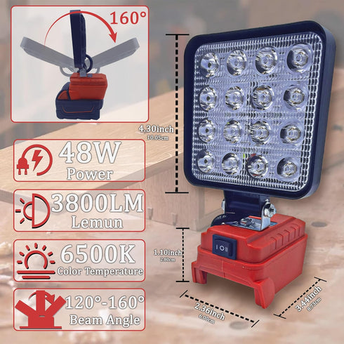 Cordless LED work light for milwaukee m18 18V battery?48W 3800ML square LED Light,flood light with two USB charging port LED light for outdoor cam...