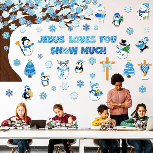 Zonon 114 Pcs Winter Bulletin Board Decorations Christmas Christian Tree Bulletin Board Cutouts Religious Classroom Decoration Snowflake Snowman C...