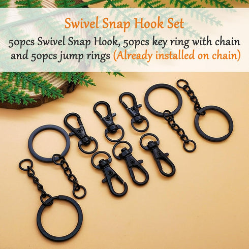 150Pcs Black Swivel Snap Hook Set,Swivel Clasp Keychain Hook Lobster Clasp Split Key Rings with Chain and Jump Rings Bulk for Keychain Lanyard,Jew...