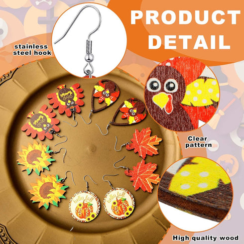 20 Pairs Fall Thanksgiving Earrings Bulk for Women Wooden Thanksgiving Painted Earrings Autumn Pumpkin Turkey Sunflower Maple Leaf Dangle Earrings...
