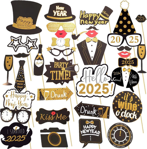 New Years Photo Booth Props and Backdrop - Champagne Bottle, Clock, Wine Glasses Cutouts for 2025 NYE Party Supplies and Decorations...
