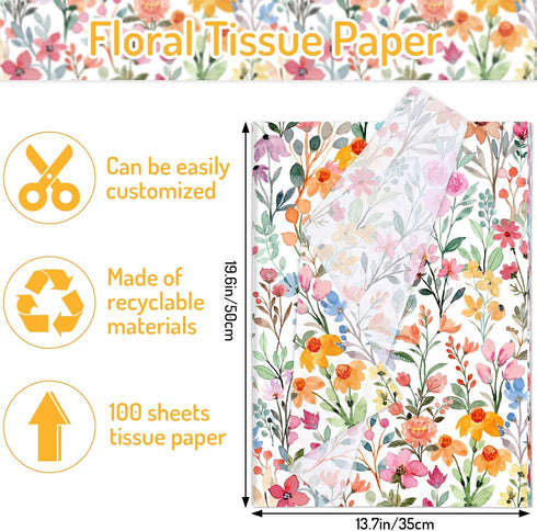 Whaline 100 Sheets Floral Tissue Paper Watercolor Flower Gift Wrapping Paper Colorful Wildflower DIY Art Craft Paper for Spring Wedding Birthday B...