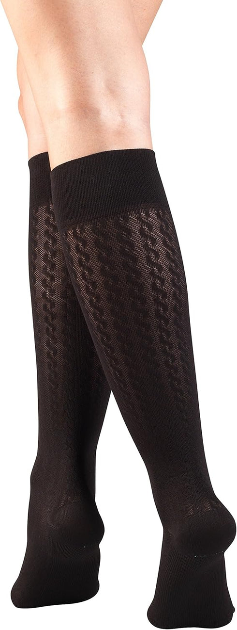 Truform Compression Socks, 15-20 mmHg, Women's Dress Socks, Knee High Over Calf Length, Black Cable Knit, Small...
