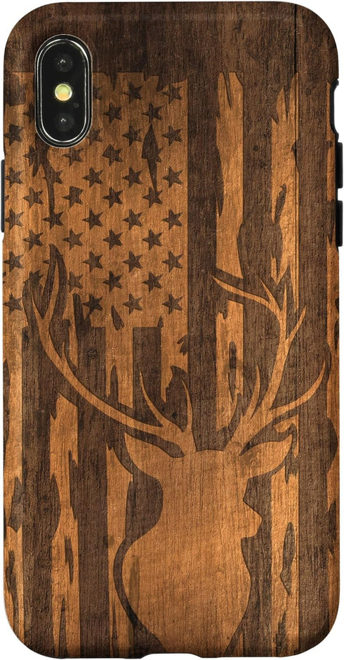 iPhone X/XS Deer Buck with Flag on Wood-like Background Case...