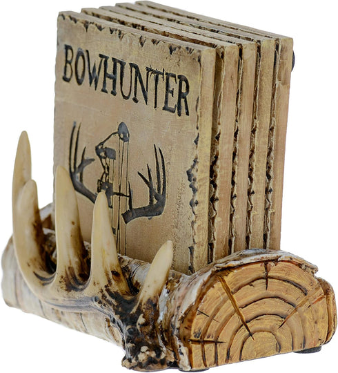 Pine Ridge Home Antler Wood Log Coaster Set with Holder - Bow Hunter Country Absorbent Coaster Decor - Cabin Lodge Home Decor for Hunter Men - Man...