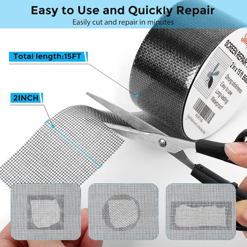 Black Window Screen Repair Tape, 2 in X 15 FT (180IN) Screen Repair Kit for Windows or Doors, Strong Adhesive Screen Patch Fiberglass Screen Tape ...