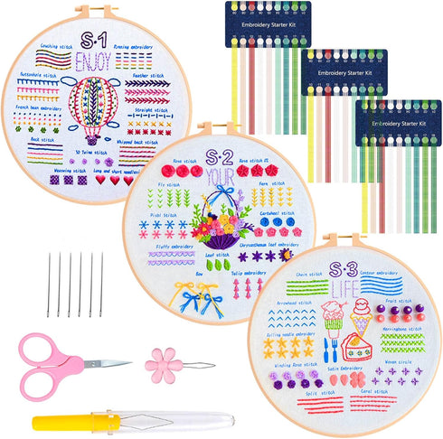 SONGHEARR 3 Sets Embroidery Kits for Beginners - Beginners Embroidery Stitch Practice Kits - Embroidery Starter Kits Craft Kits - Birthday Gifts f...