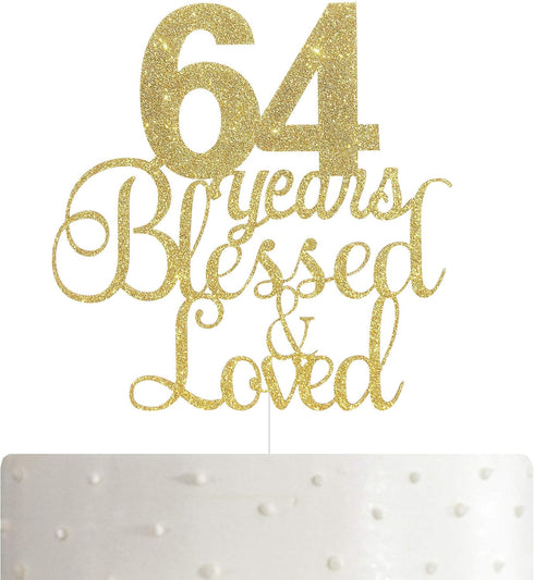 ALPHA K 64th Birthday/Anniversary Cake Topper – 64 Years Blessed & Loved Cake Topper with Gold Glitter...