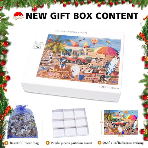 500 Piece Puzzle for Adults, Dog 500 Jigsaw Puzzles Thanksgiving Christmas Puzzles Funny Puppy Beach Party Puzzles...