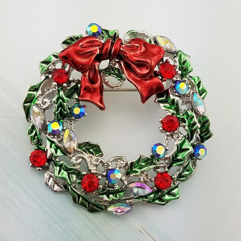 SELOVO Silver Tone Wreath Green Red Austrian Crystal Round Brooch Pin...