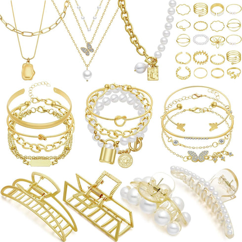 43 Pcs Gold Jewelry Set with 6 Pcs Necklace, 13 Pcs Bracelet, 20 Pcs Rings and 4 Pcs Hair Claw Clips Jewelry Set for Women Teens Gold Accessories ...