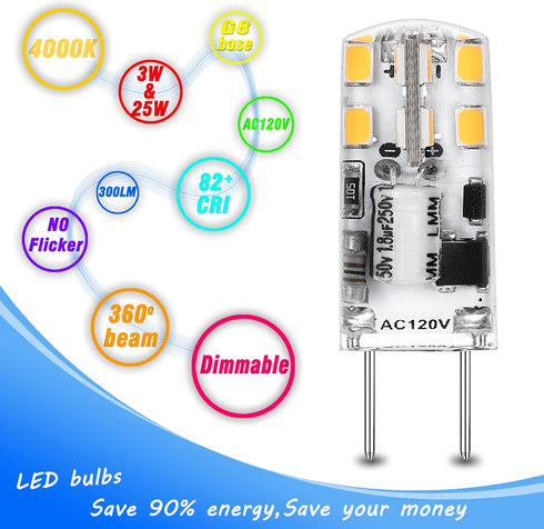 0-100% Dimmable G8 Led Bulbs 3W 4000K Natural White,Replace G8 20 Watt 25 Watt Halogen,120V G8 2Pin Led Light Bulb T4 JCD Type for Under Cabinet K...