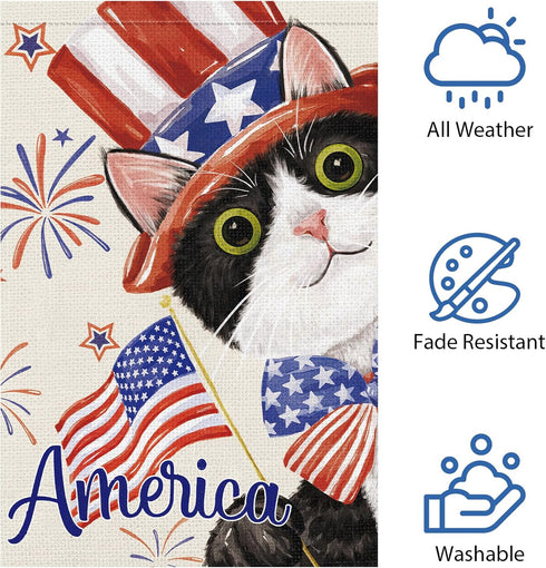 4th of July Patriotic Black Cat Garden Flag 12x18 Inch Double Sided, America Independence Day Flag Memorial Day Firework Yard Banner for Outdoor H...